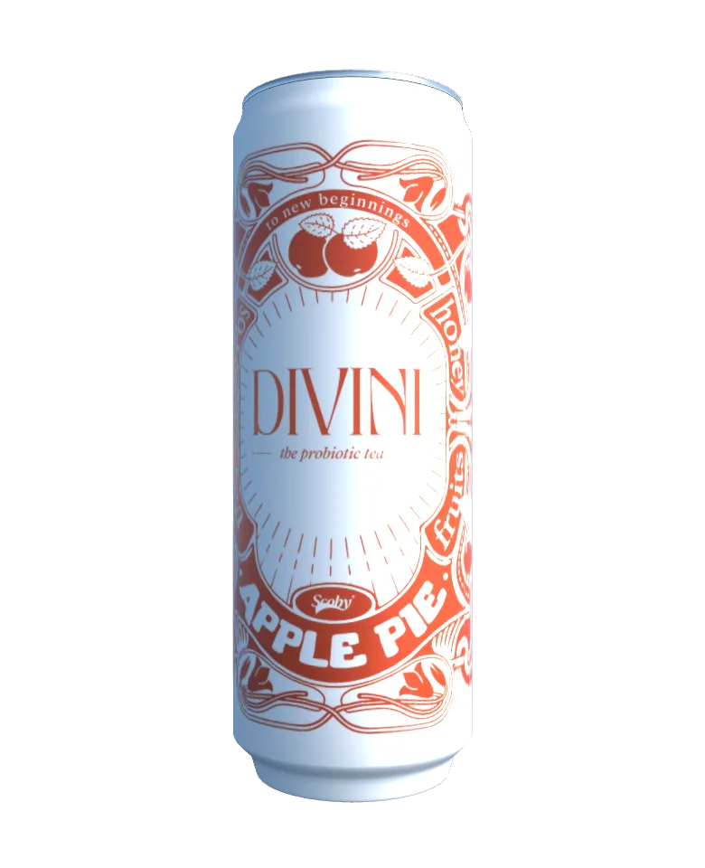 The Divini can, a white can with the orange Apple Pie label, rendered in 3D