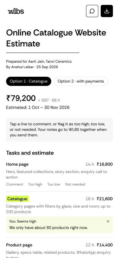 A client estimate in WLBS Finances, on a phone