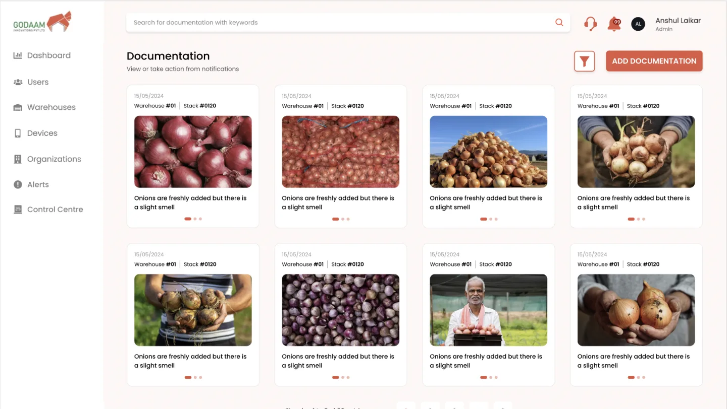 Smart Godaam’s Documentation page: photos of the stored onions, stack by stack
