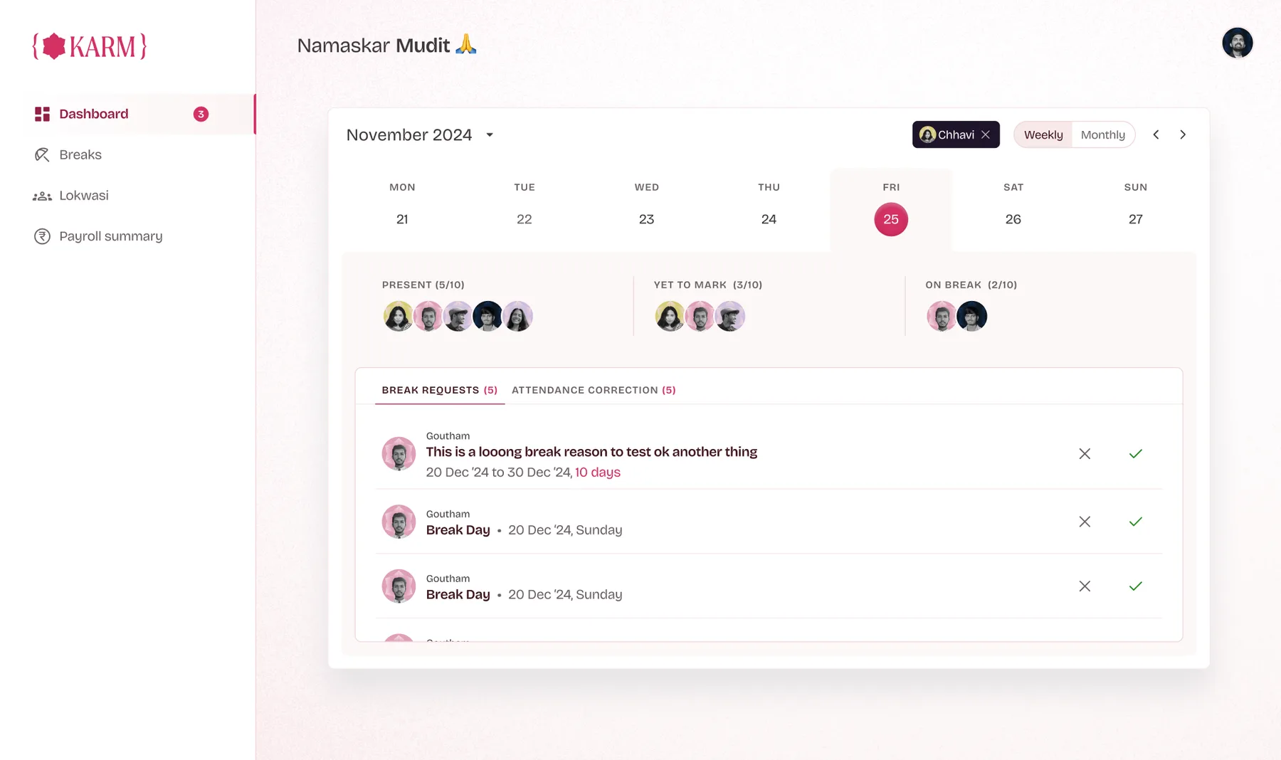 The Karm dashboard