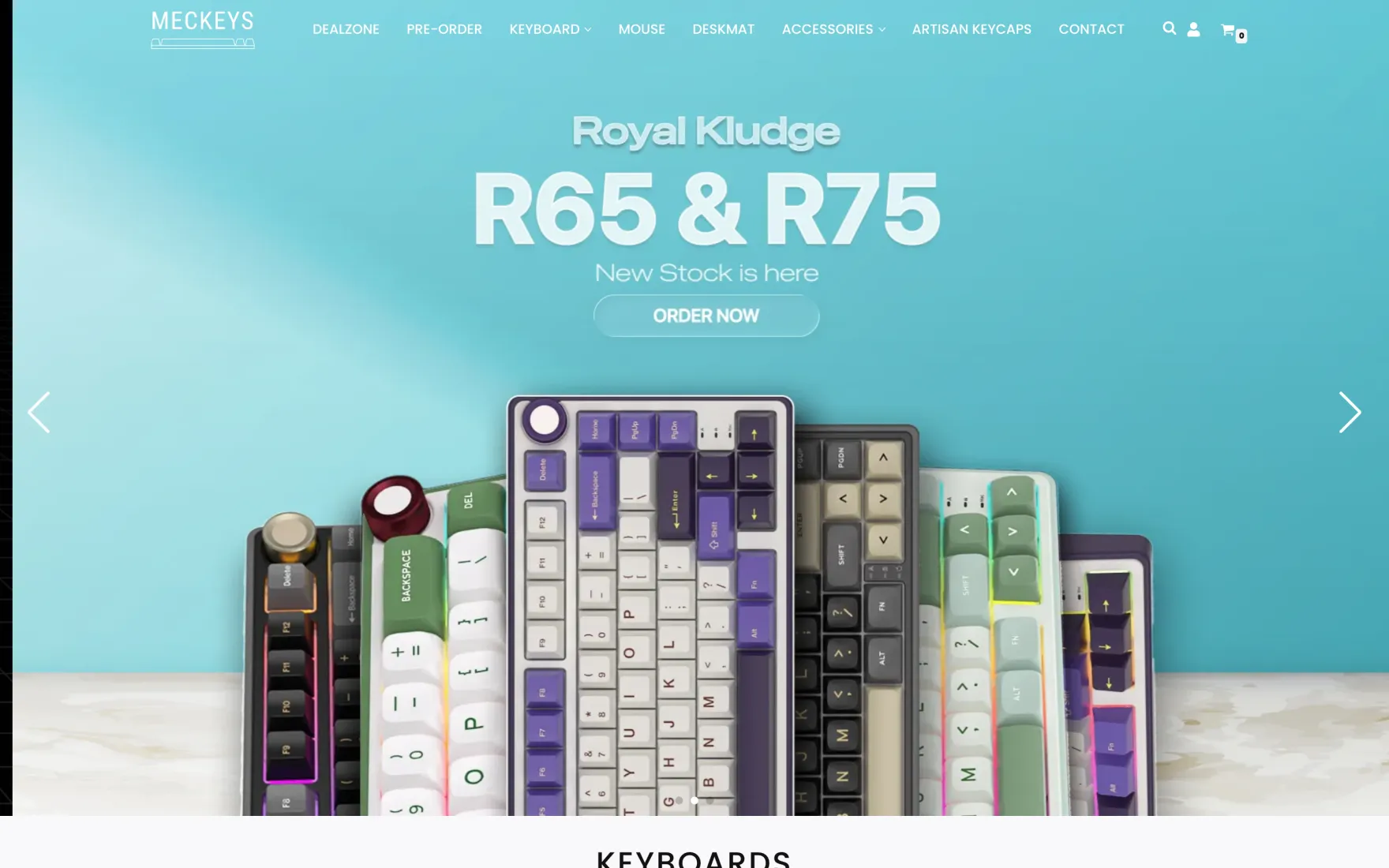 The Meckeys homepage: a keyboard banner above the store’s categories