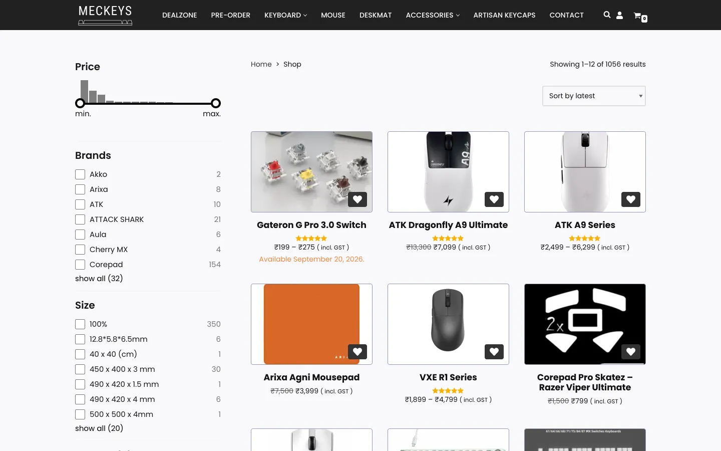 The Meckeys shop: filters by price, brand and size beside the products
